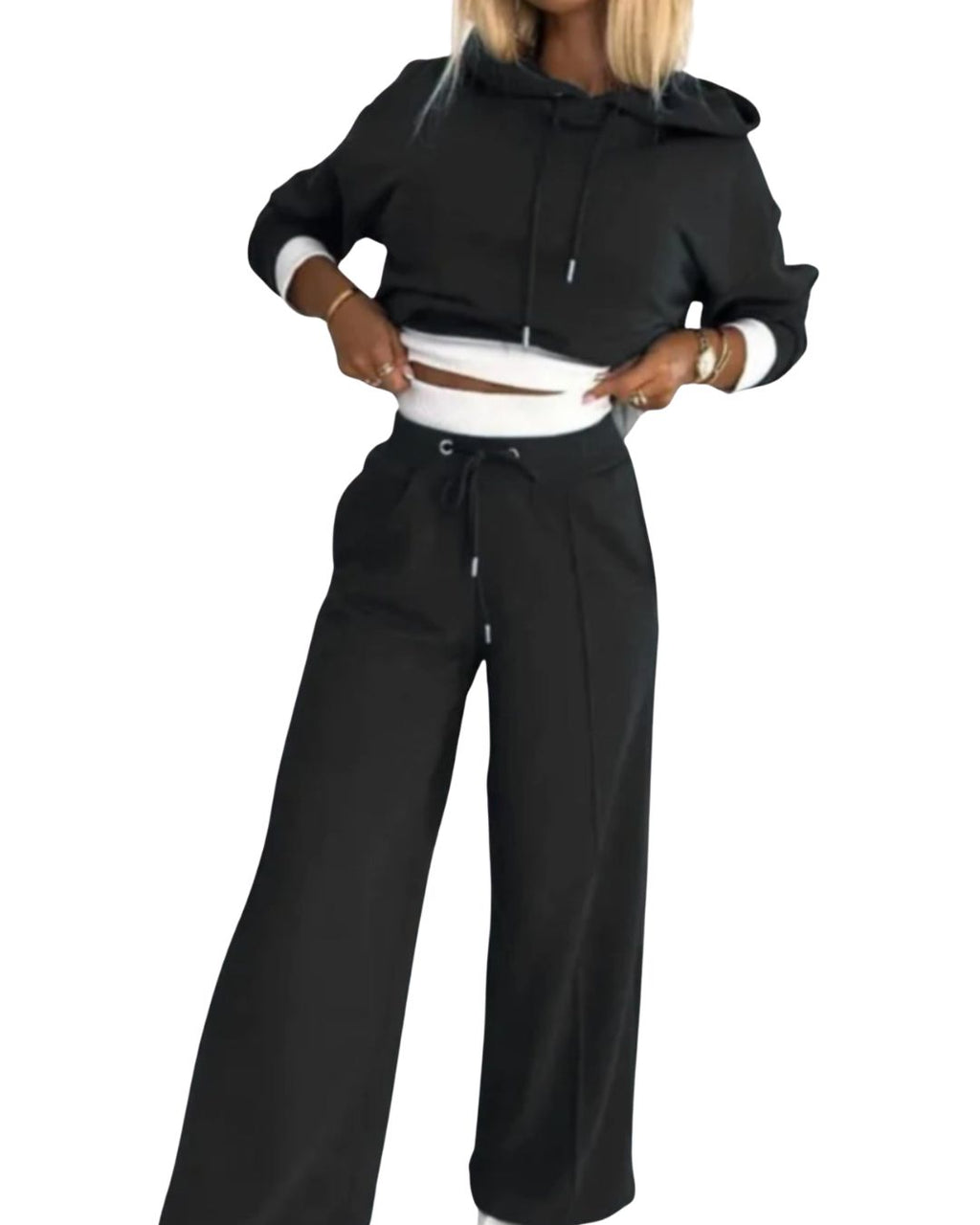 Women's Cropped Hoodie and Wide Leg Trousers Set with Drawstring Waist