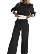 Women's Cropped Hoodie and Wide Leg Trousers Set with Drawstring Waist