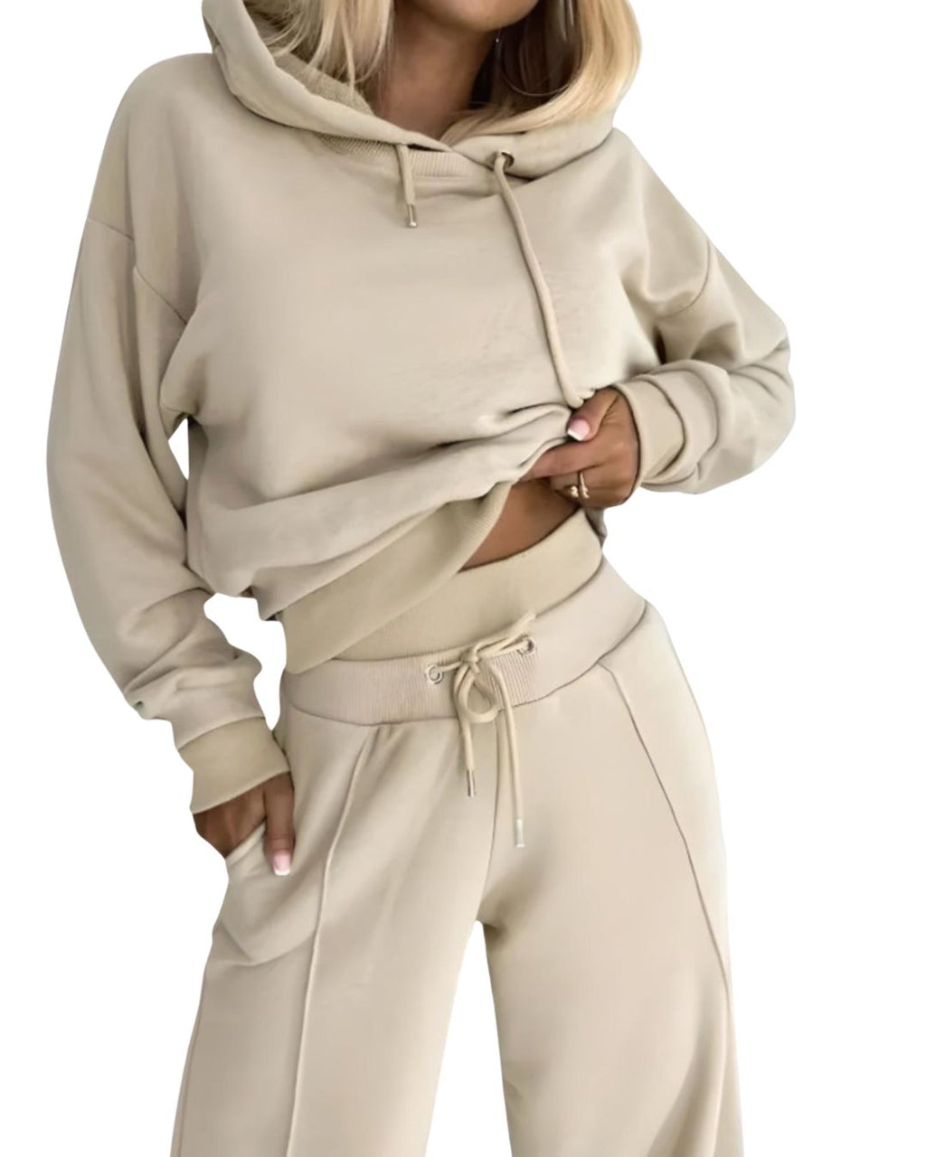 Women's Cropped Hoodie and Wide Leg Trousers Set with Drawstring Waist