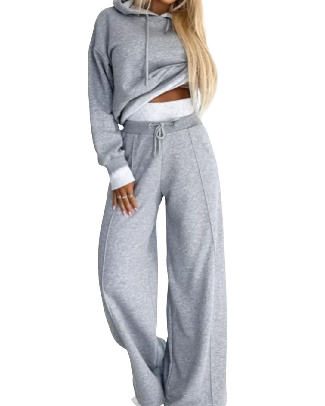 Women's Cropped Hoodie and Wide Leg Trousers Set with Drawstring Waist