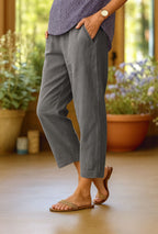 Women's Cropped Trousers with V-Waist Opening and Folded Cuff Hem