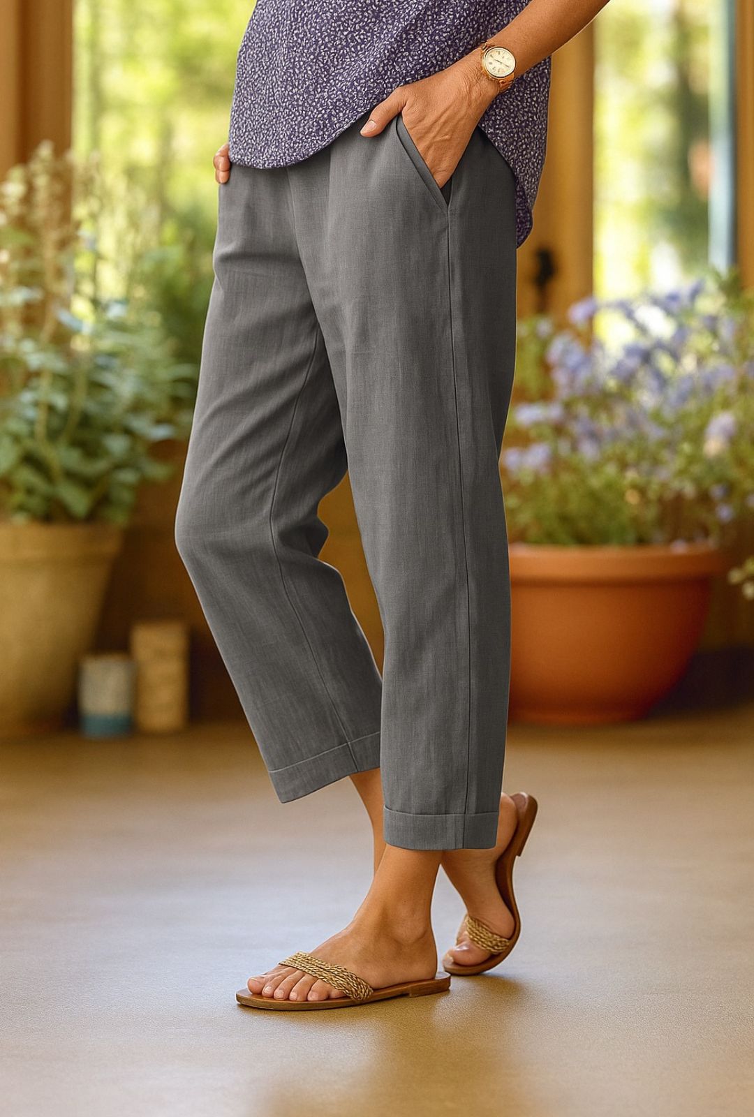 Women's Cropped Trousers with V-Waist Opening and Folded Cuff Hem