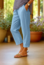 Women's Cropped Trousers with V-Waist Opening and Folded Cuff Hem