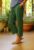 Women's Cropped Trousers with V-Waist Opening and Folded Cuff Hem