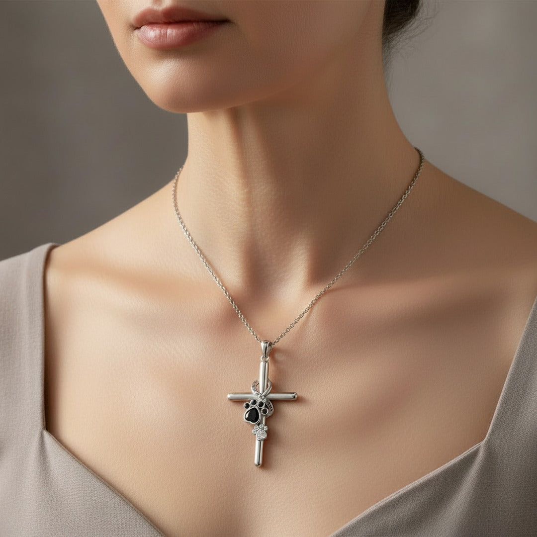 Women's Cross Pendant Necklace with Paw Print Detail and Engraved Infinity Band