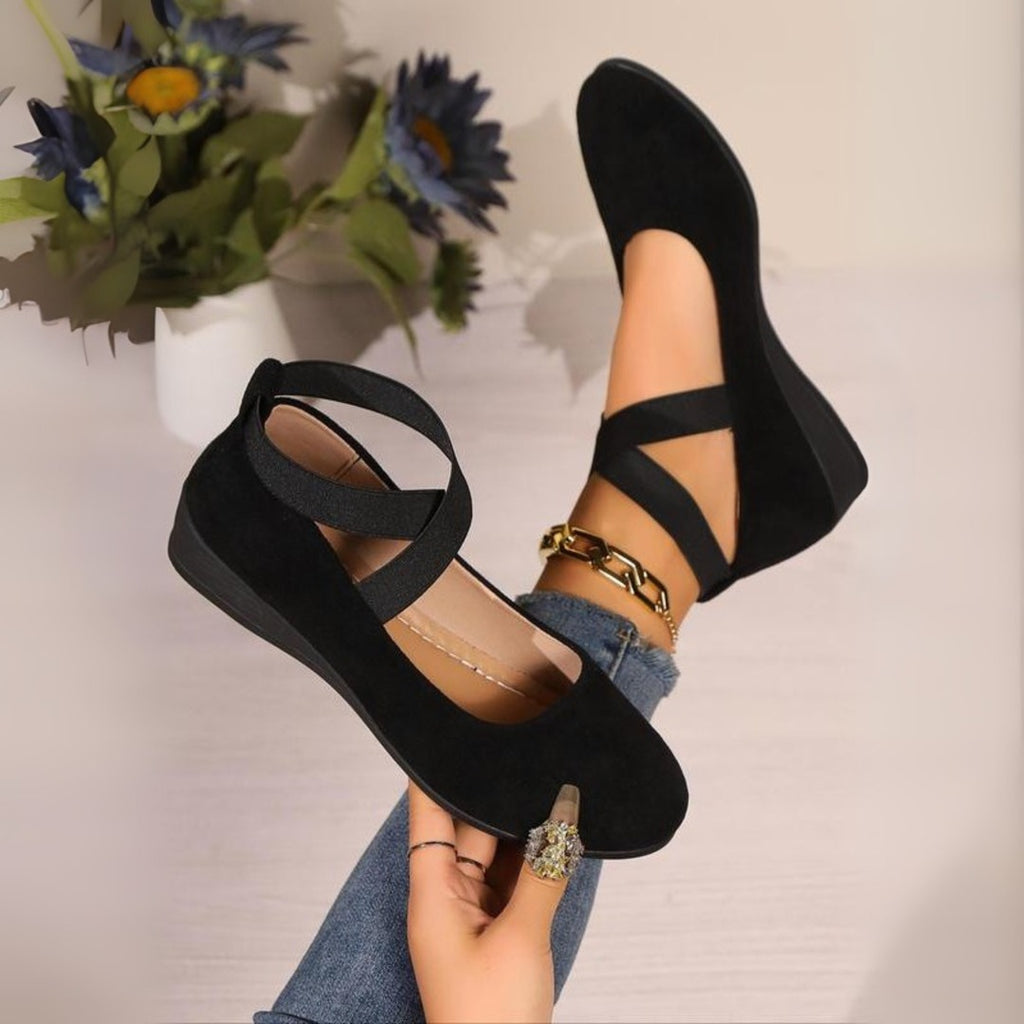 Women's Cross-Strap Flat Shoes with Round Toe and Low Wedge Outsole