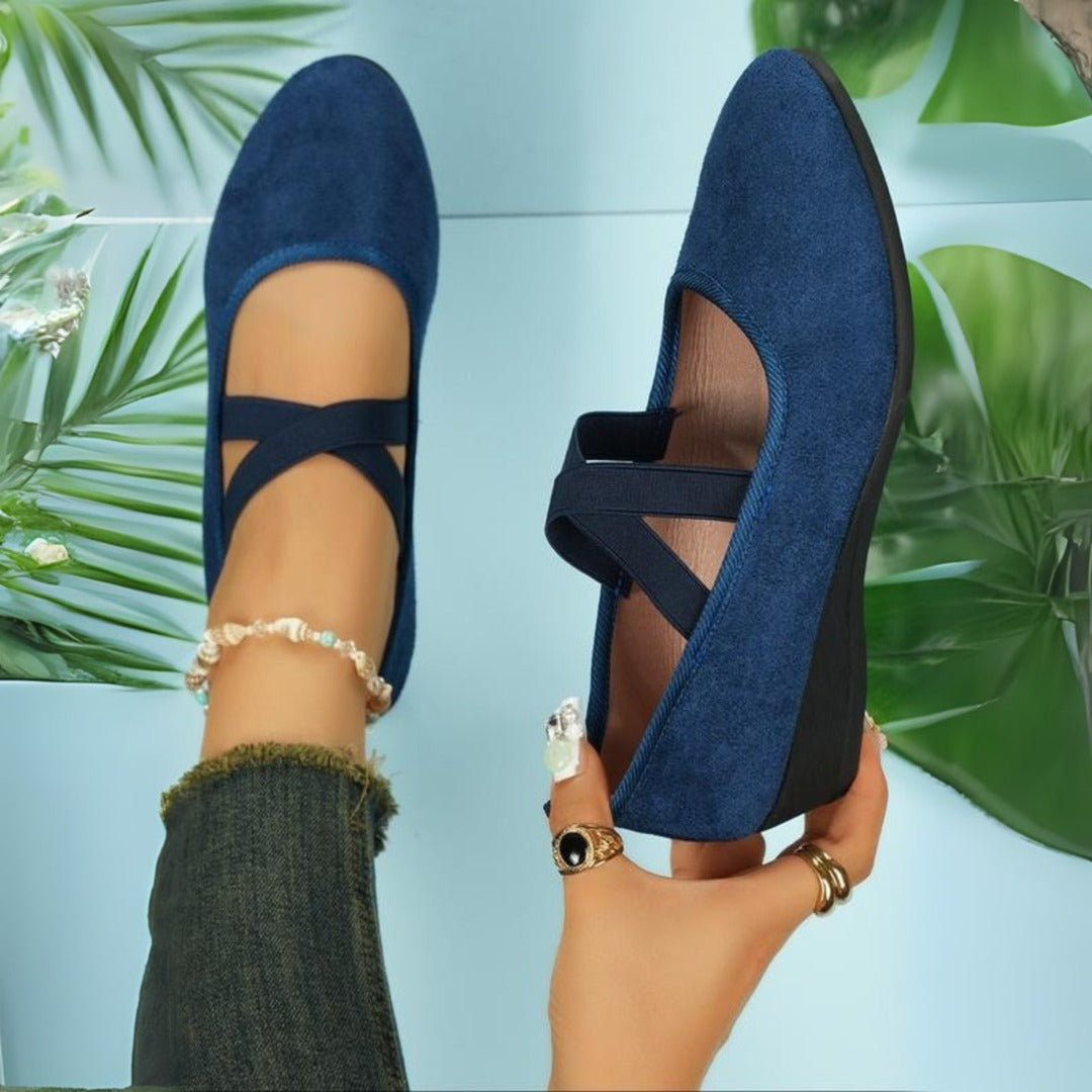 Women's Cross-Strap Flat Shoes with Round Toe and Low Wedge Outsole