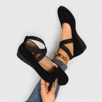 Women's Cross-Strap Flat Shoes with Round Toe and Low Wedge Sole