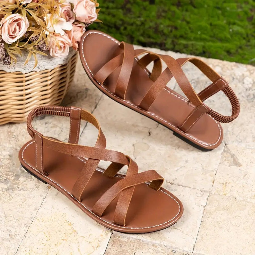 Women's Crossover Strap Flat Sandals with Open Toe and Elasticated Heel Band