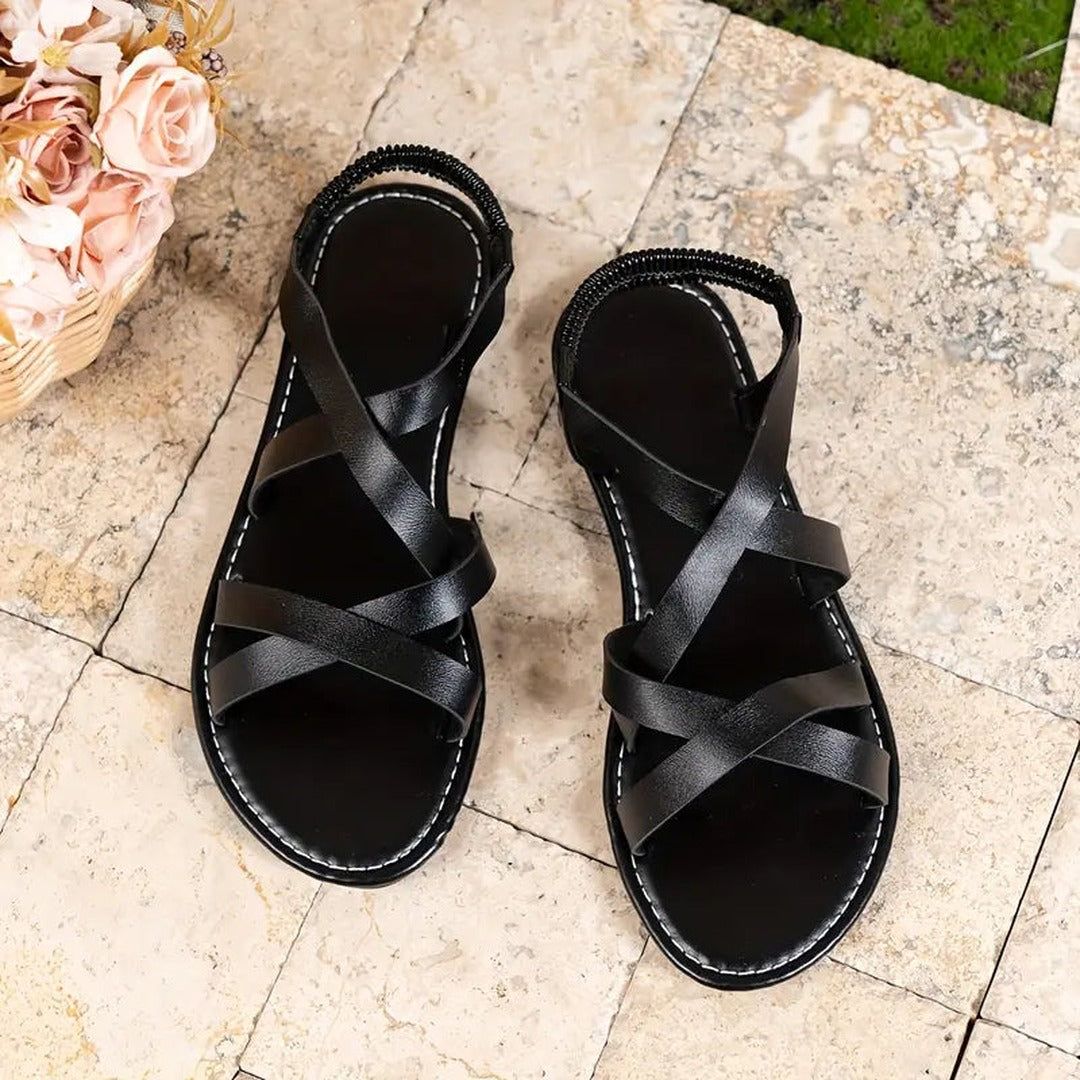 Women's Crossover Strap Flat Sandals with Open Toe and Elasticated Heel Band