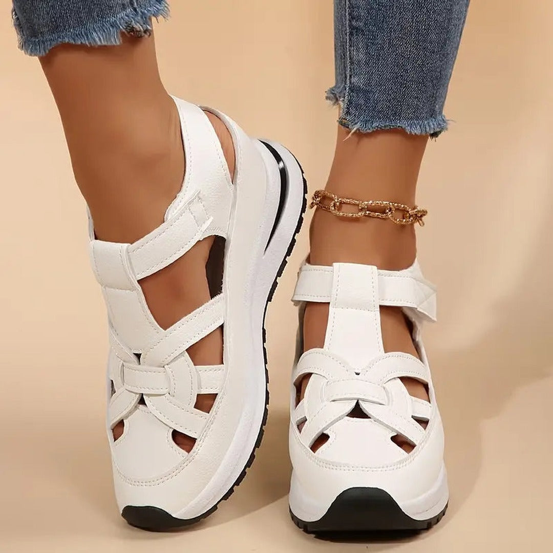 Women's Cut-Out Platform Sandals with Velcro Ankle Strap and Structured Upper