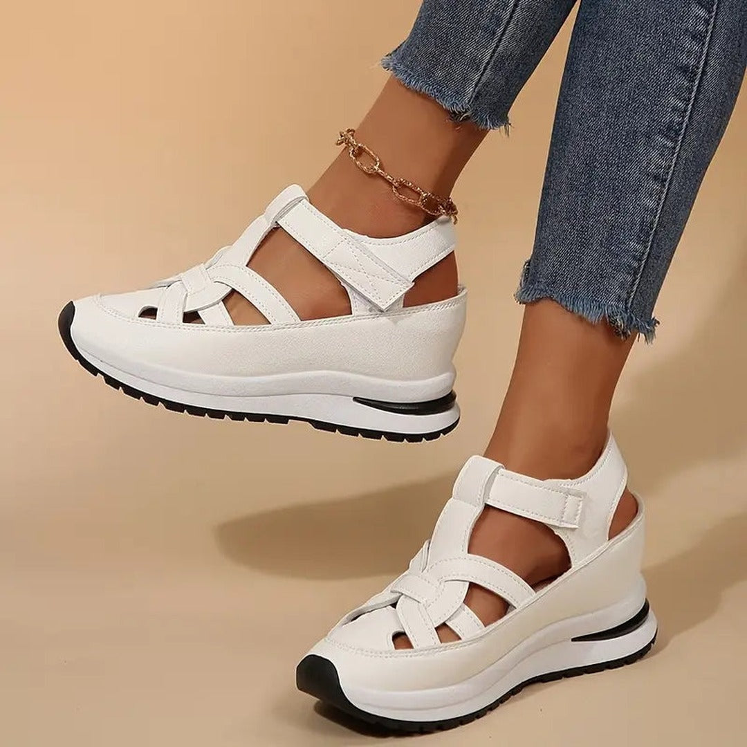 Women's Cut-Out Platform Sandals with Velcro Ankle Strap and Structured Upper