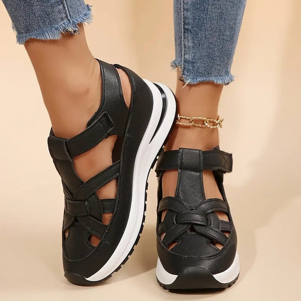 Women's Cut-Out Platform Sandals with Velcro Ankle Strap and Structured Upper
