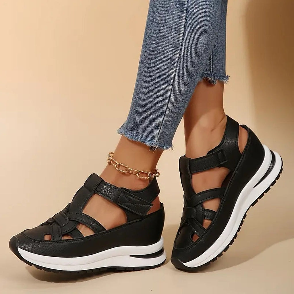 Women's Cut-Out Platform Sandals with Velcro Ankle Strap and Structured Upper