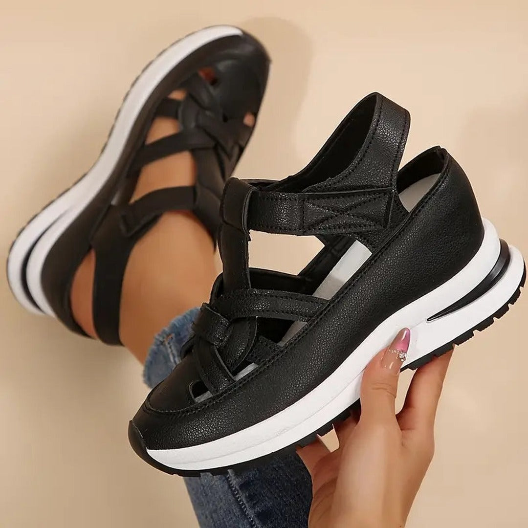 Women's Cut-Out Platform Sandals with Velcro Ankle Strap and Structured Upper