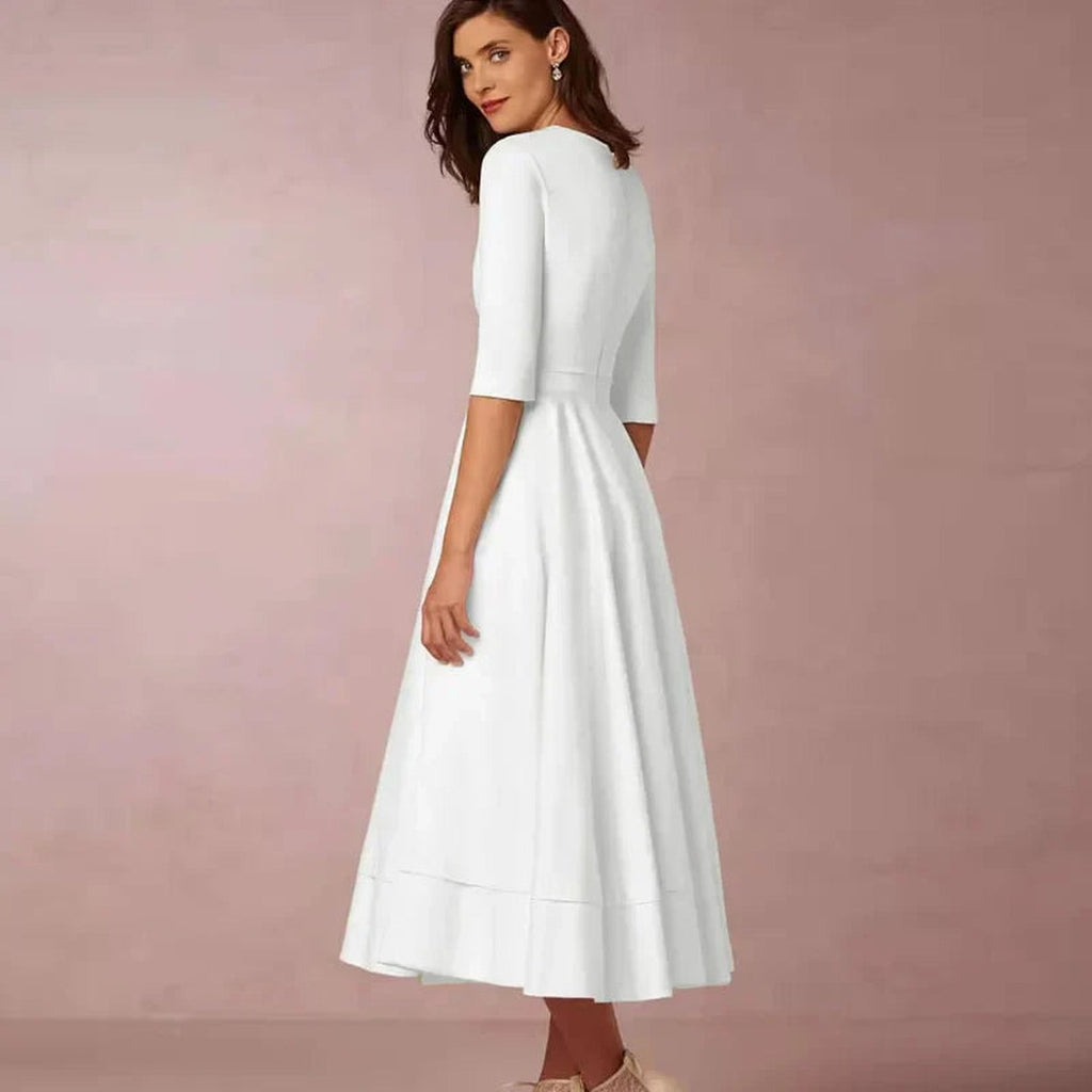 Women's Deep V-Neckline Midi Dress with Full A-Line Skirt and Three-Quarter Sleeves
