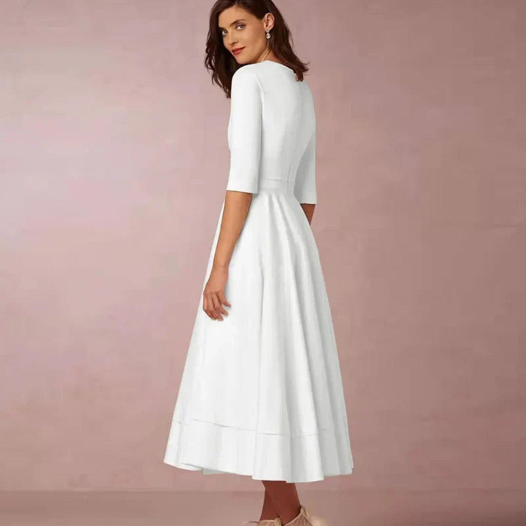 Women's Deep V-Neckline Midi Dress with Full A-Line Skirt and Three-Quarter Sleeves