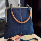 Women's Denim Frame Top Bag with Kiss Lock Closure and Crossbody Strap