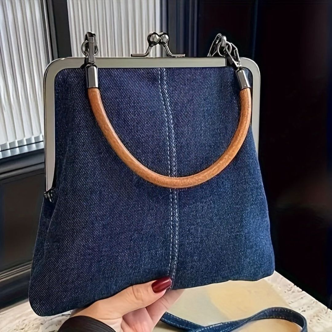 Women's Denim Frame Top Bag with Kiss Lock Closure and Crossbody Strap