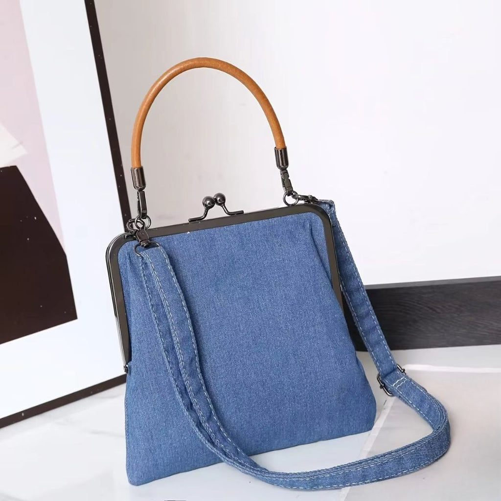 Women's Denim Frame Top Bag with Kiss Lock Closure and Crossbody Strap