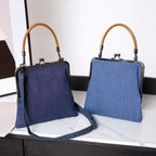 Women's Denim Frame Top Bag with Kiss Lock Closure and Crossbody Strap