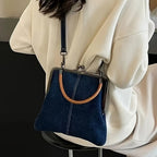 Women's Denim Frame Top Bag with Kiss Lock Closure and Crossbody Strap
