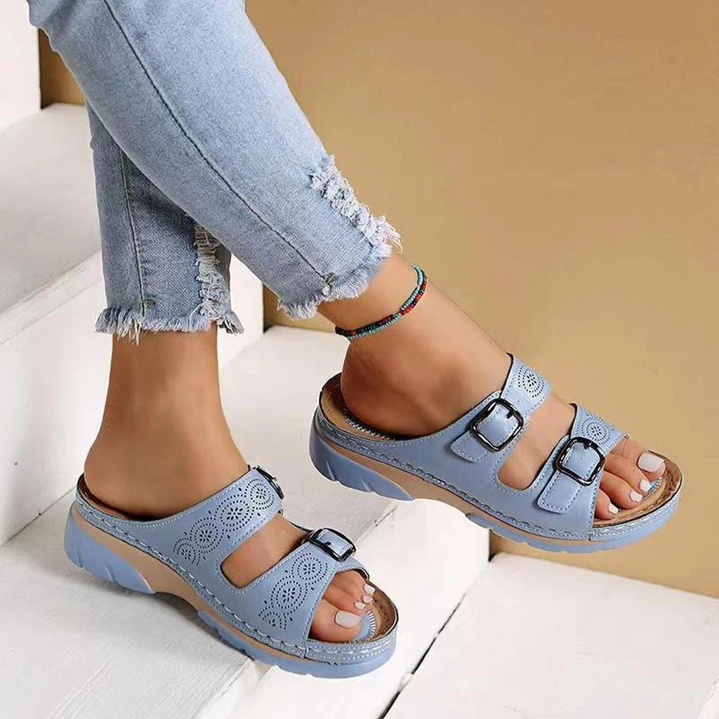 Women's Double Buckle Wedge Slide Sandals with Perforated Strap Detail