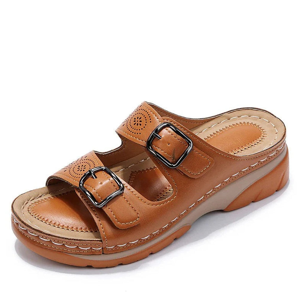 Women's Double Buckle Wedge Slide Sandals with Perforated Strap Detail