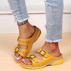 Women's Double Buckle Wedge Slide Sandals with Perforated Strap Detail