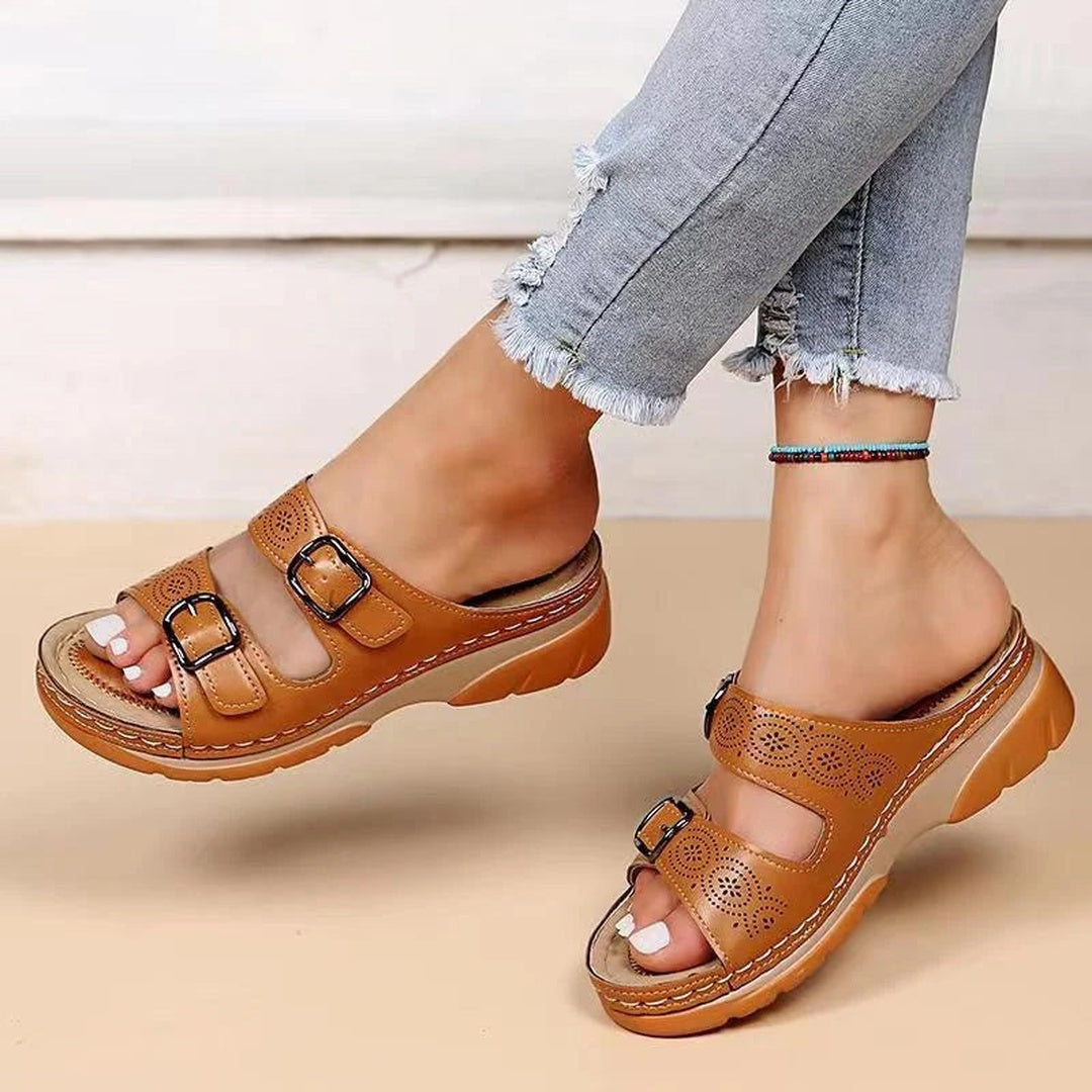 Women's Double Buckle Wedge Slide Sandals with Perforated Strap Detail