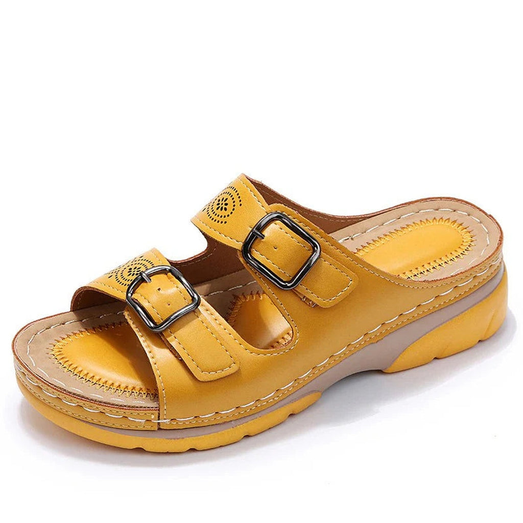 Women's Double Buckle Wedge Slide Sandals with Perforated Strap Detail