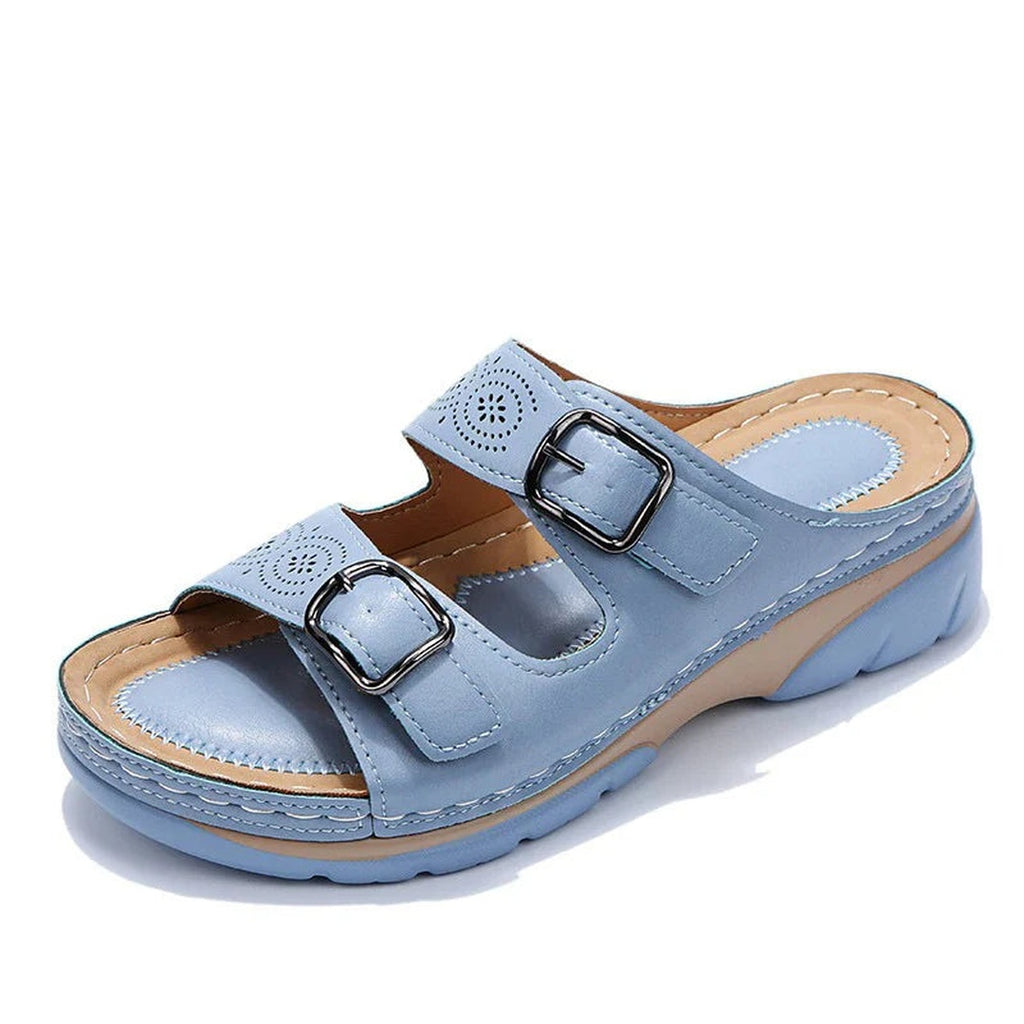 Women's Double Buckle Wedge Slide Sandals with Perforated Strap Detail