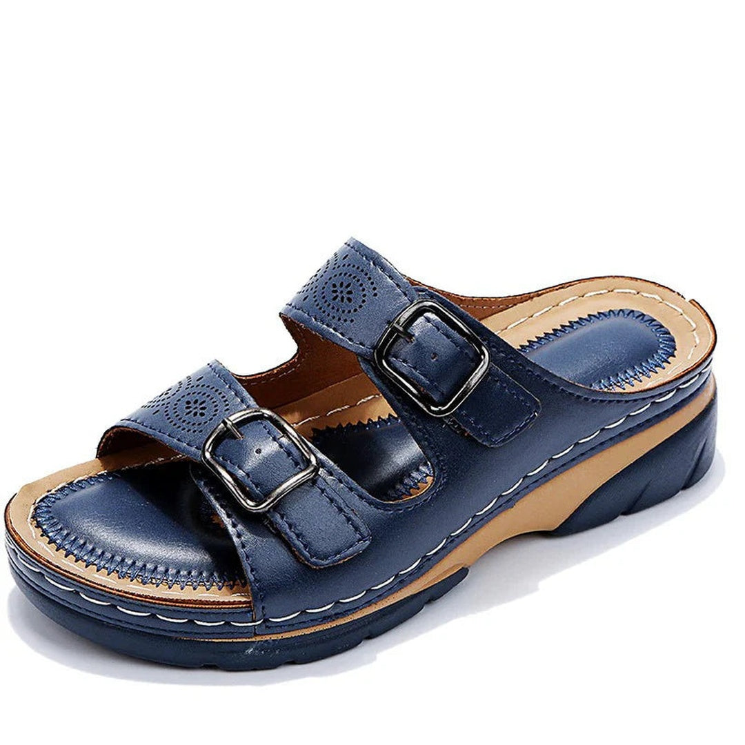 Women's Double Buckle Wedge Slide Sandals with Perforated Strap Detail