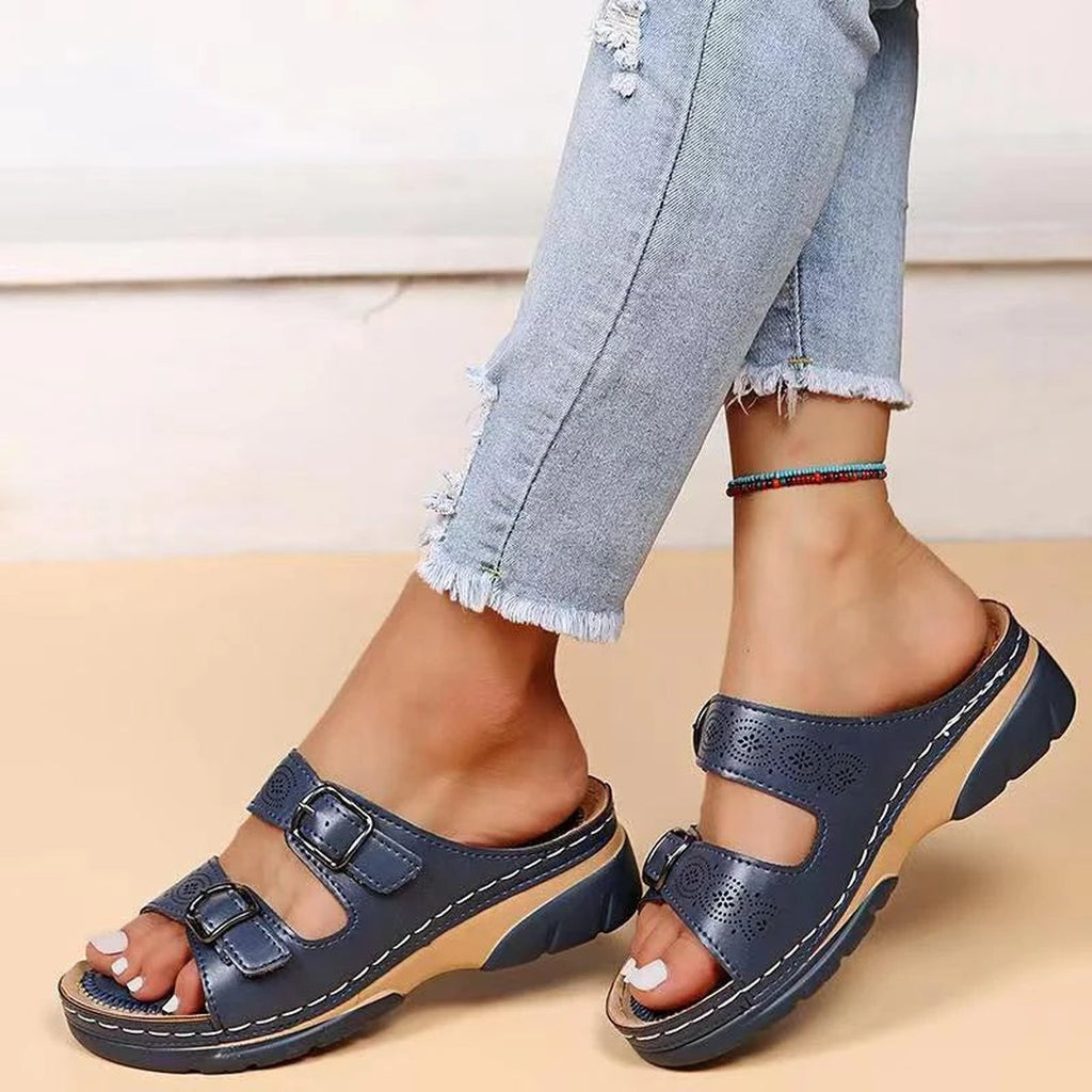 Women's Double Buckle Wedge Slide Sandals with Perforated Strap Detail