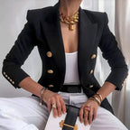 Women's Dual-Column Button Jacket with Peak Lapel and Gold-Tone Cuff Detail