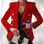 Women's Dual-Column Button Jacket with Peak Lapel and Gold-Tone Cuff Detail