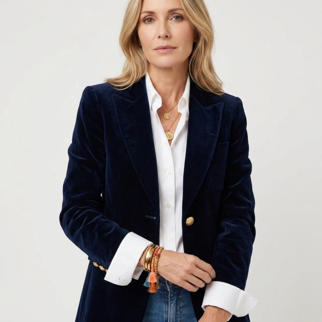 Women's Elegant Velvet Blazer Jacket with Gold Button Detail