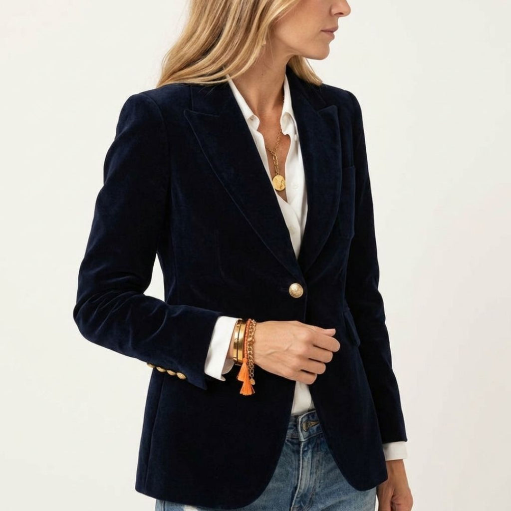 Women's Elegant Velvet Blazer Jacket with Gold Button Detail