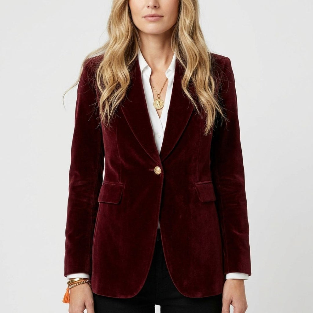 Women's Elegant Velvet Blazer Jacket with Gold Button Detail