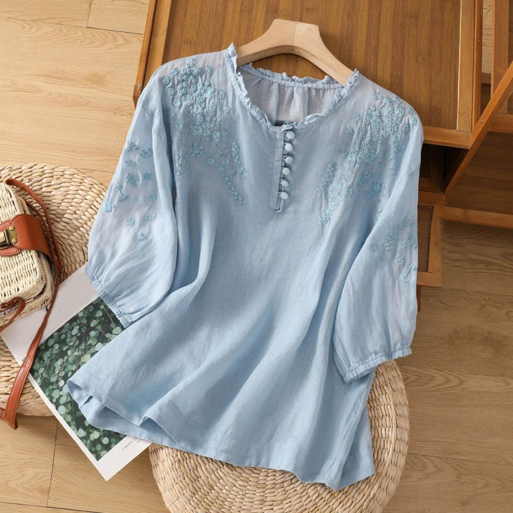 Women's Embroidered Blouse with Ruffle Neckline and Button Placket and Puff Sleeves