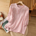 Women's Embroidered Blouse with Ruffle Neckline and Button Placket and Puff Sleeves