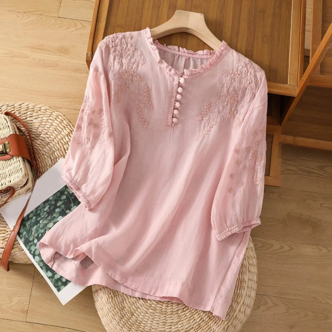 Women's Embroidered Blouse with Ruffle Neckline and Button Placket and Puff Sleeves