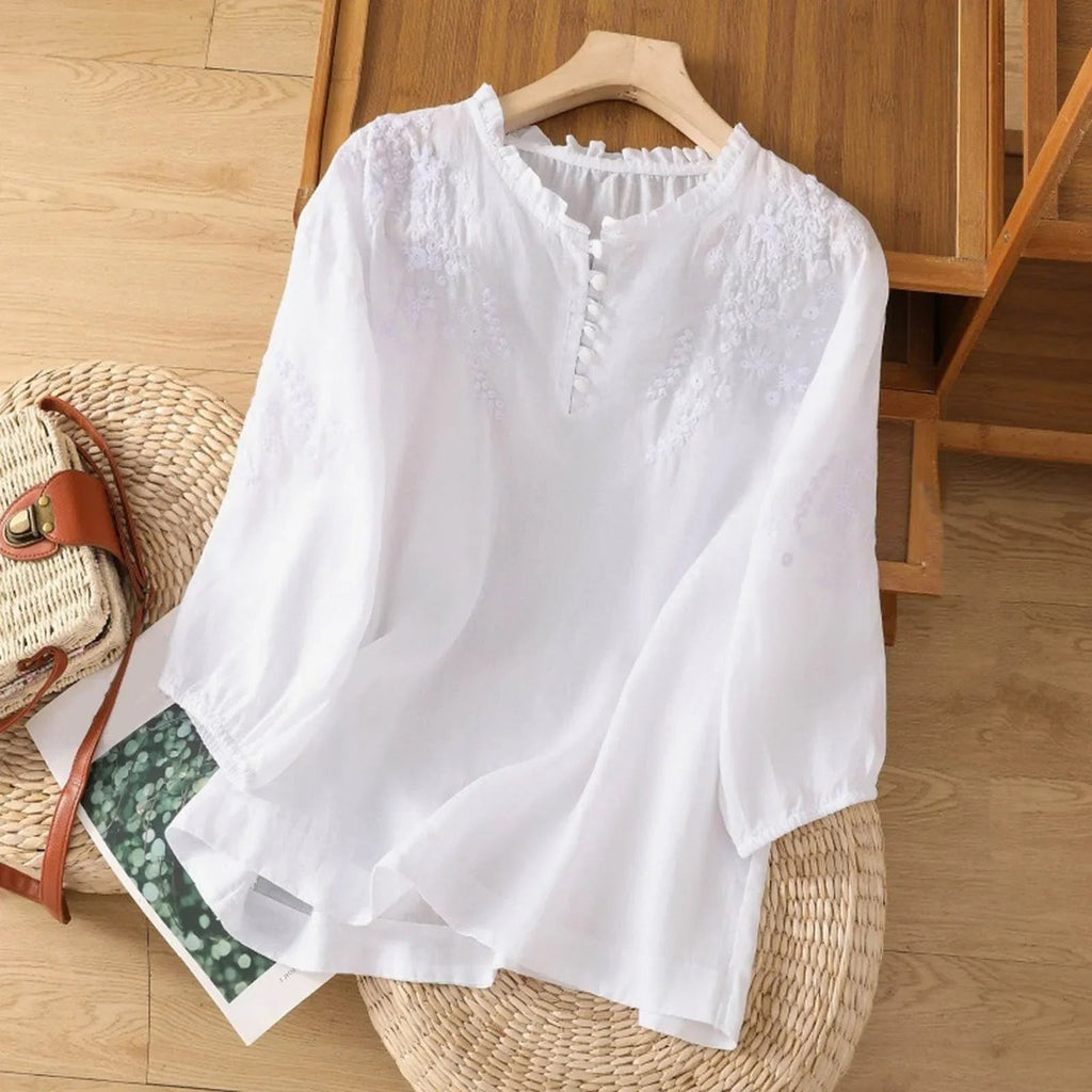 Women's Embroidered Blouse with Ruffle Neckline and Button Placket and Puff Sleeves