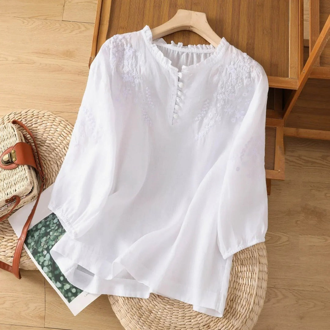 Women's Embroidered Blouse with Ruffle Neckline and Button Placket and Puff Sleeves