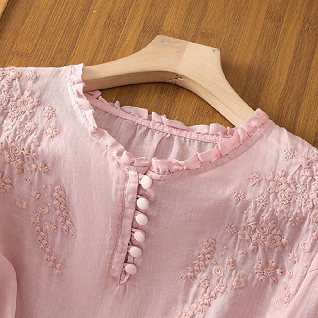 Women's Embroidered Blouse with Ruffle Neckline and Button Placket and Puff Sleeves
