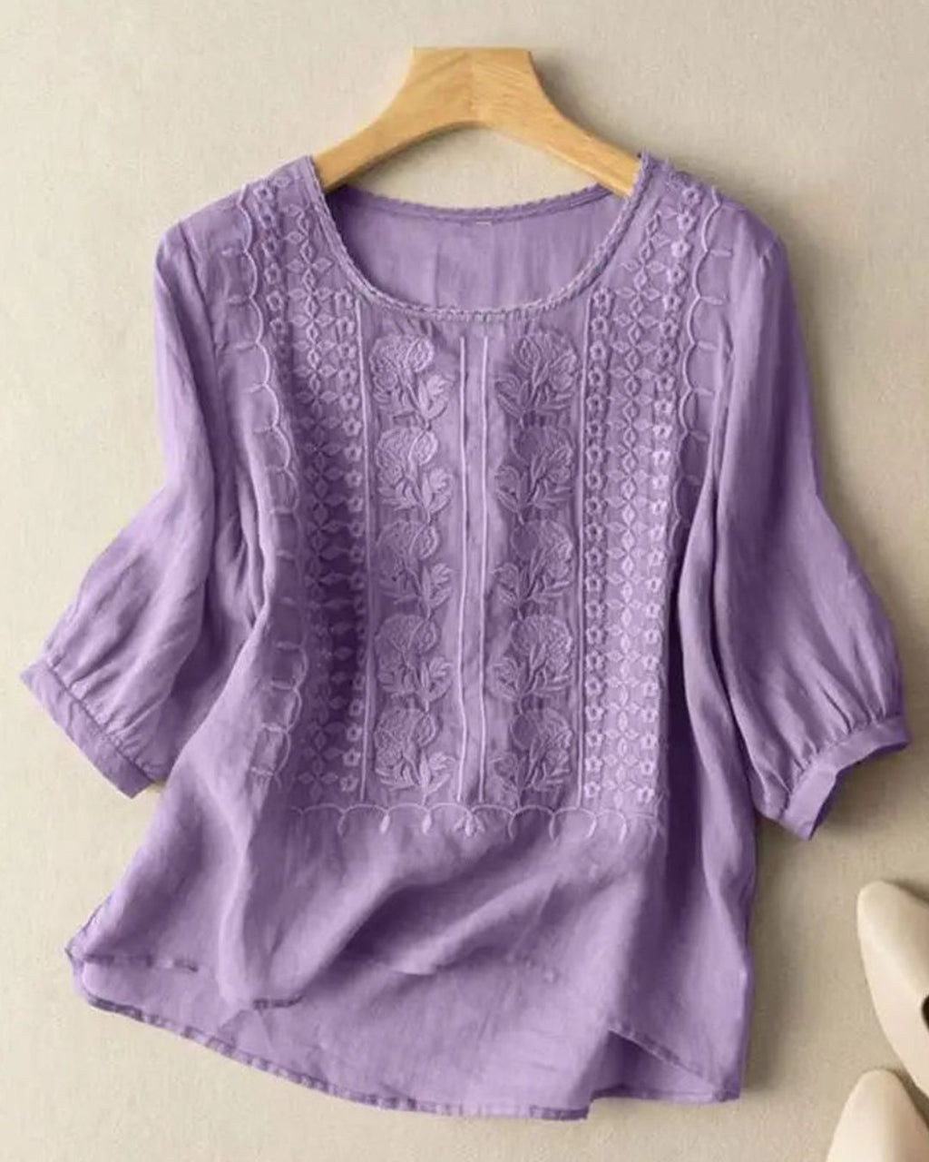 Women's Embroidered Top with Round Neckline and Three-Quarter Puff Sleeves