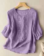 Women's Embroidered Top with Round Neckline and Three-Quarter Puff Sleeves