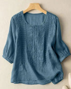 Women's Embroidered Top with Round Neckline and Three-Quarter Puff Sleeves