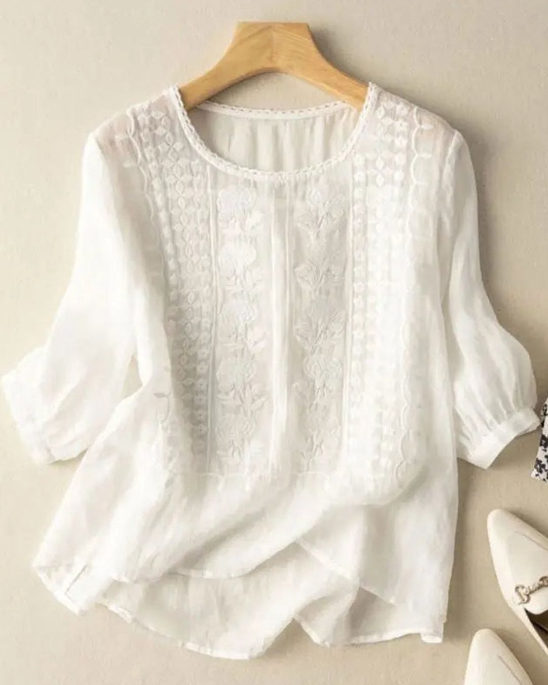 Women's Embroidered Top with Round Neckline and Three-Quarter Puff Sleeves
