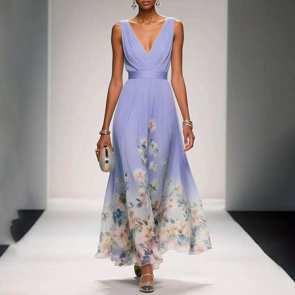 Women's Evening Floral Maxi Dress with V-Neck